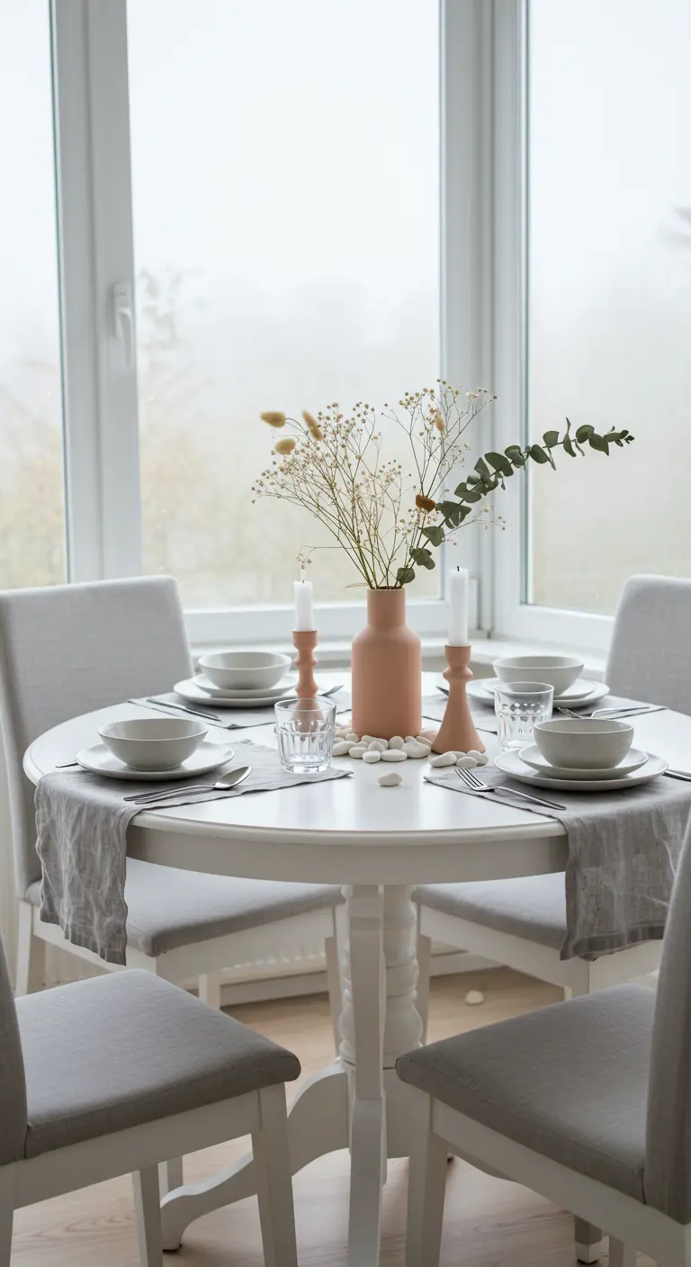 Table ronde blanche avec chemins de table gris, vase rose pâle de gypsophile et eucalyptus, bougeoirs et galets.