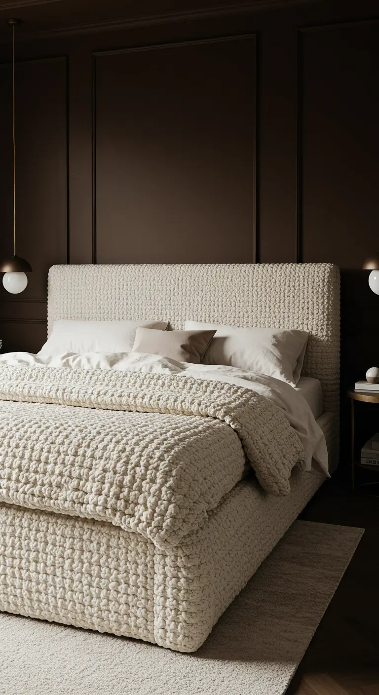 Chambre somptueuse avec murs brun chocolat et un grand lit en tissu bouclé ivoire.