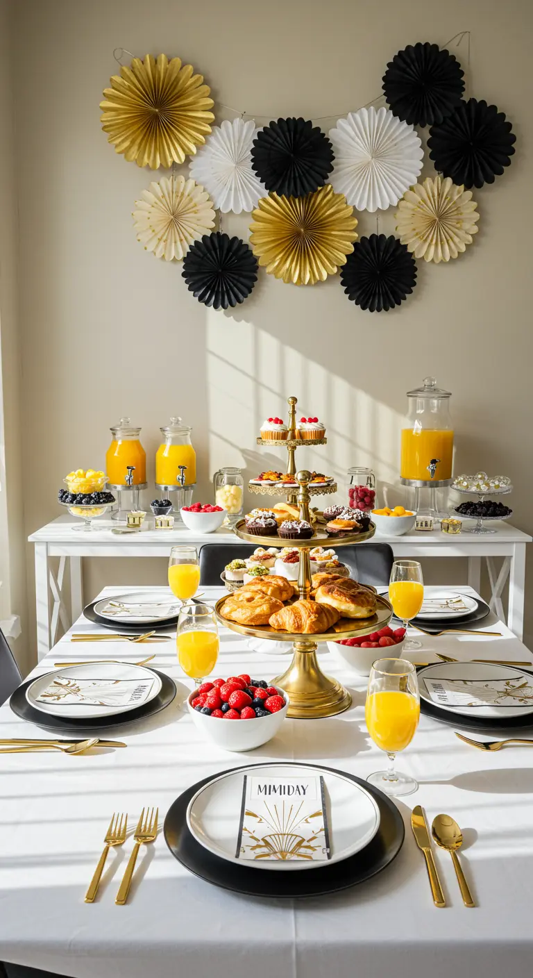 Table de brunch en noir et or baignée de lumière naturelle avec des rosaces au mur.