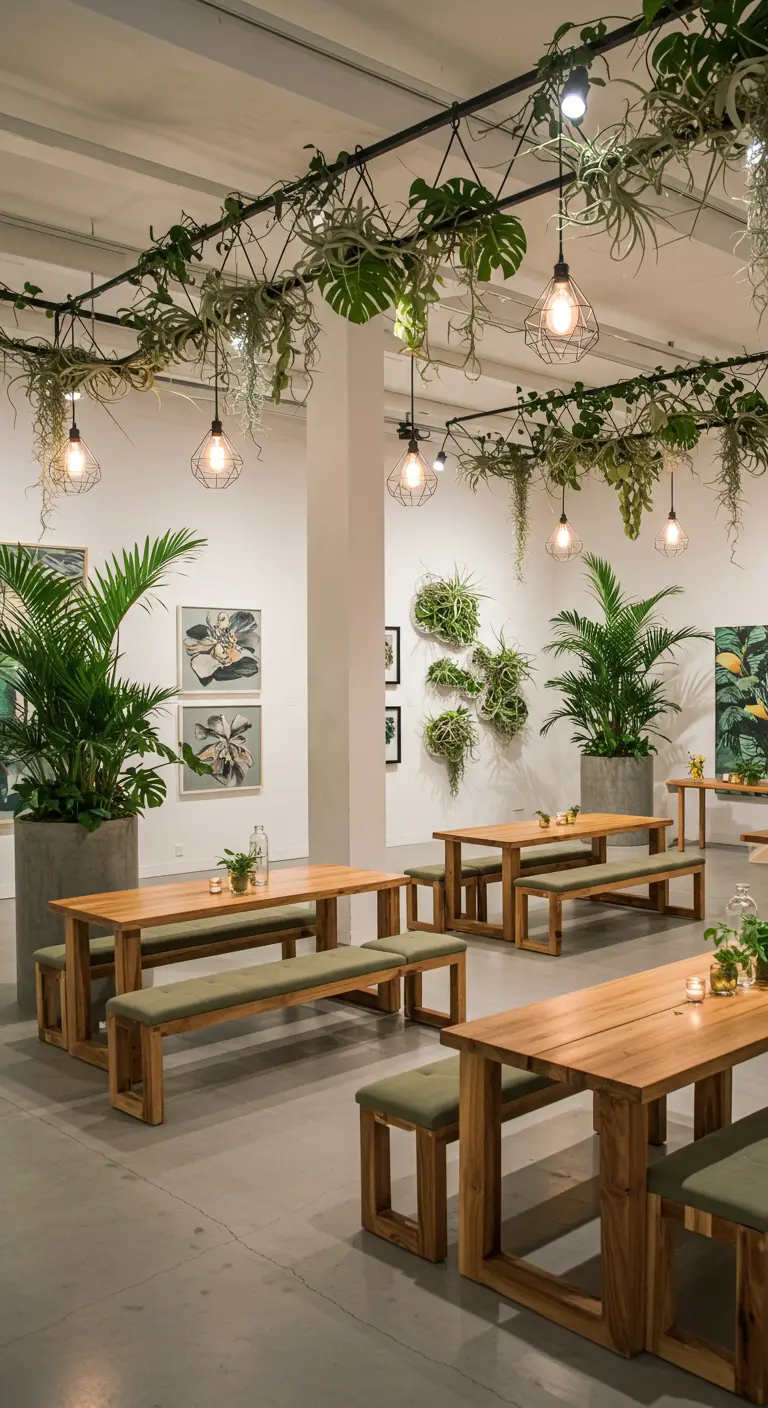 Galerie lumineuse avec tables en bois, bancs, plantes suspendues et œuvres d'art à thème végétal.