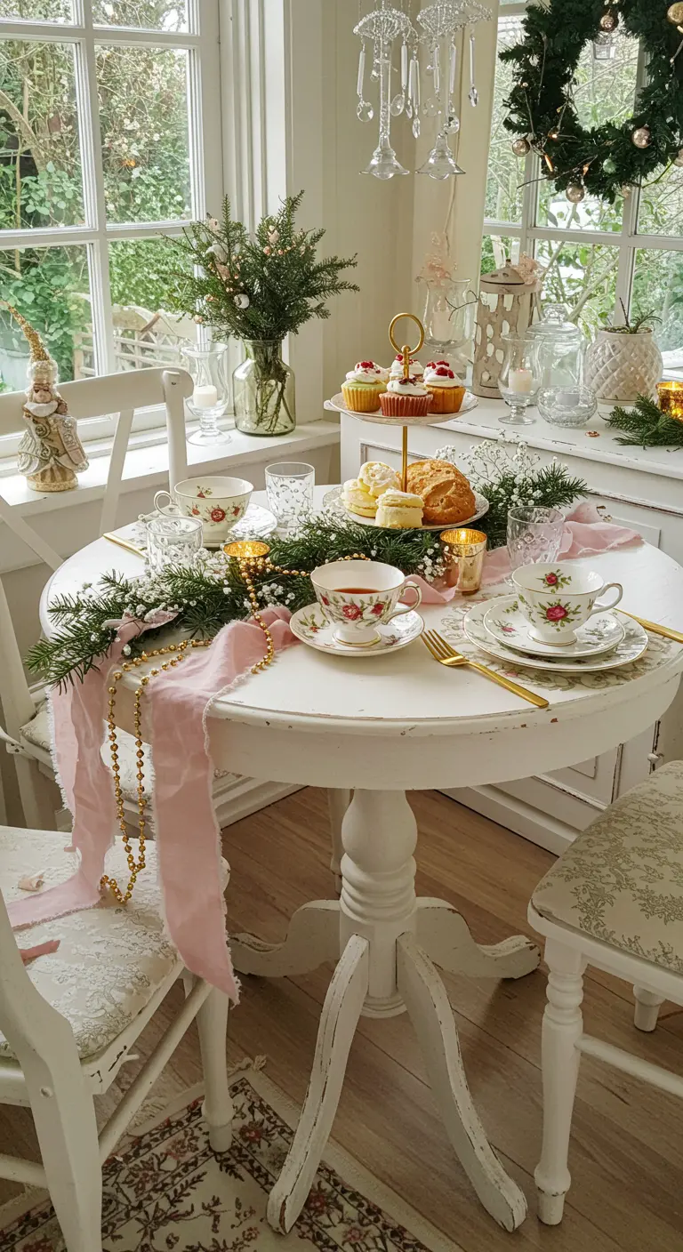 Petite table blanche avec chemin de table sapin, rubans rose, perles dorées et vaisselle vintage fleurie.