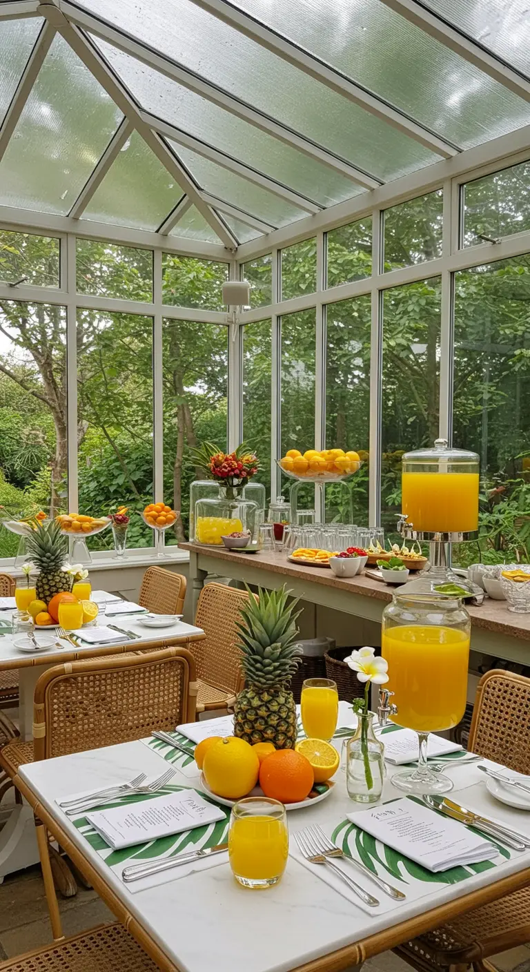 Tables de brunch dans une véranda lumineuse, avec jus de fruits et ananas.
