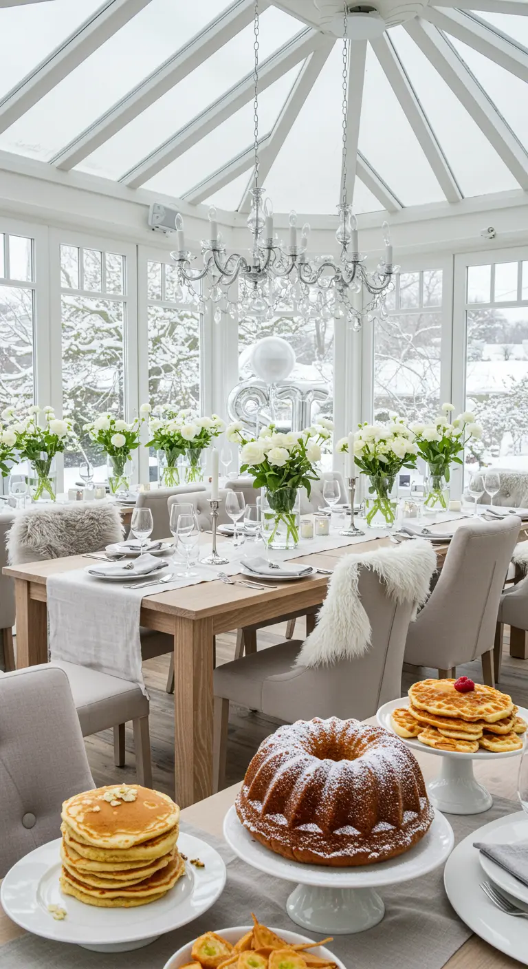 Brunch hivernal dans une véranda blanche avec fleurs, vaisselle claire et pâtisseries.
