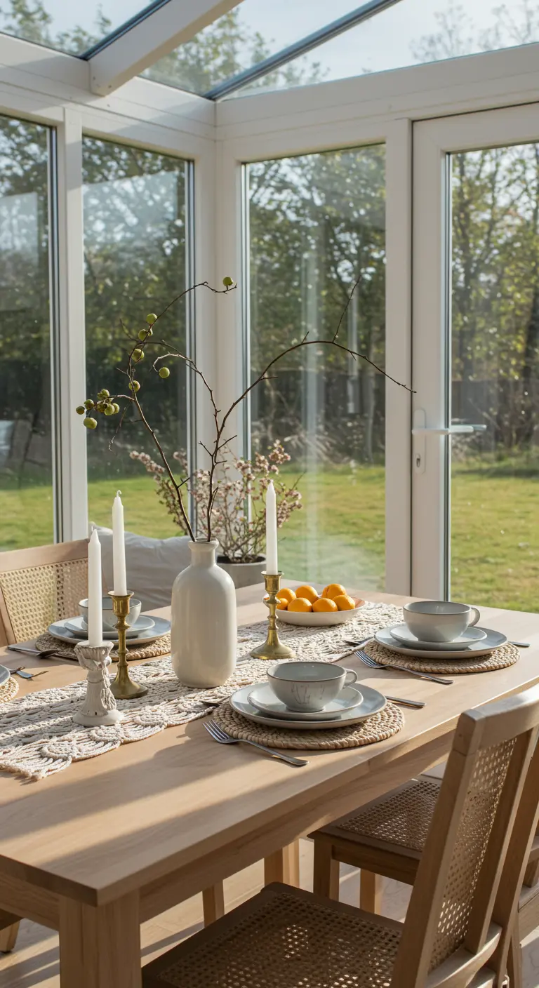 Table en bois dans une véranda, avec vaisselle claire et chemin de table macramé.