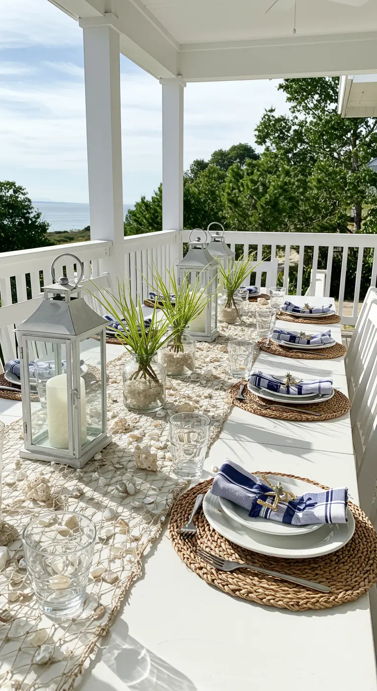Table blanche sur une véranda avec un chemin de table en filet de pêche et coquillages.