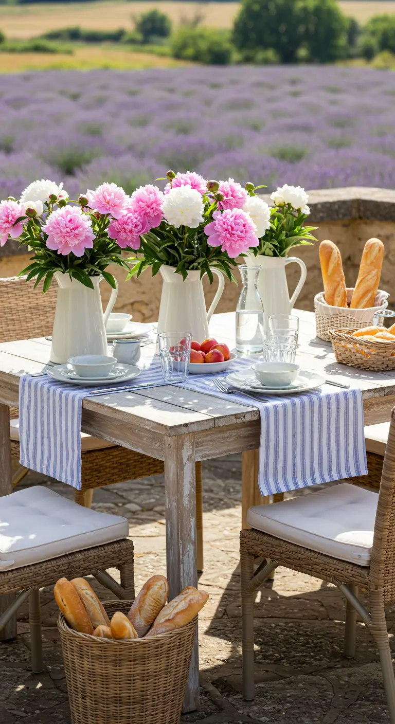 Table en bois dressée en extérieur avec pivoines, nappe rayée devant un champ de lavande.
