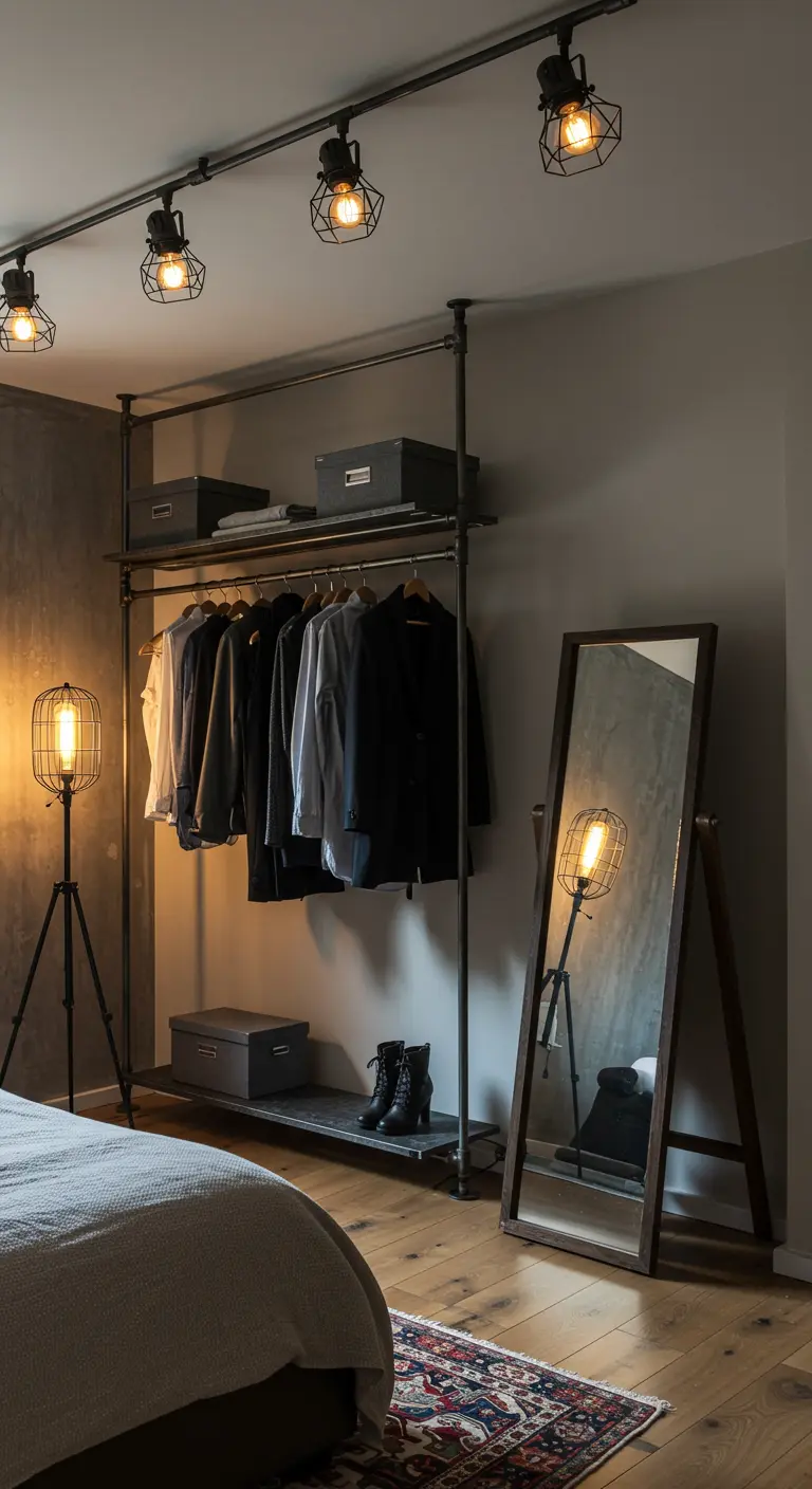 Penderie industrielle ouverte avec des luminaires en cage métallique noire.