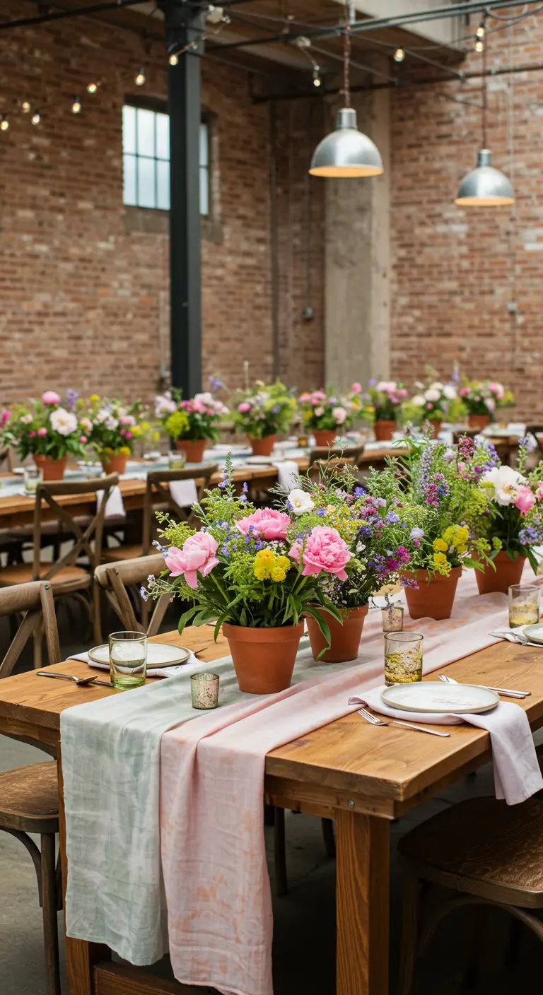Grande salle industrielle avec tables en bois, pots en terre cuite, bouquets de fleurs et chemins de table pastel.