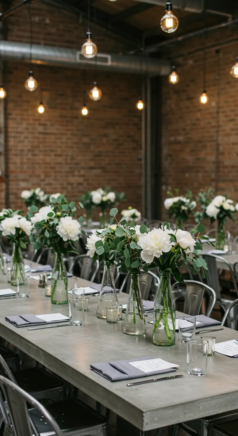 Tables de mariage industrielles en béton, pivoines blanches et eucalyptus dans des bouteilles en verre.