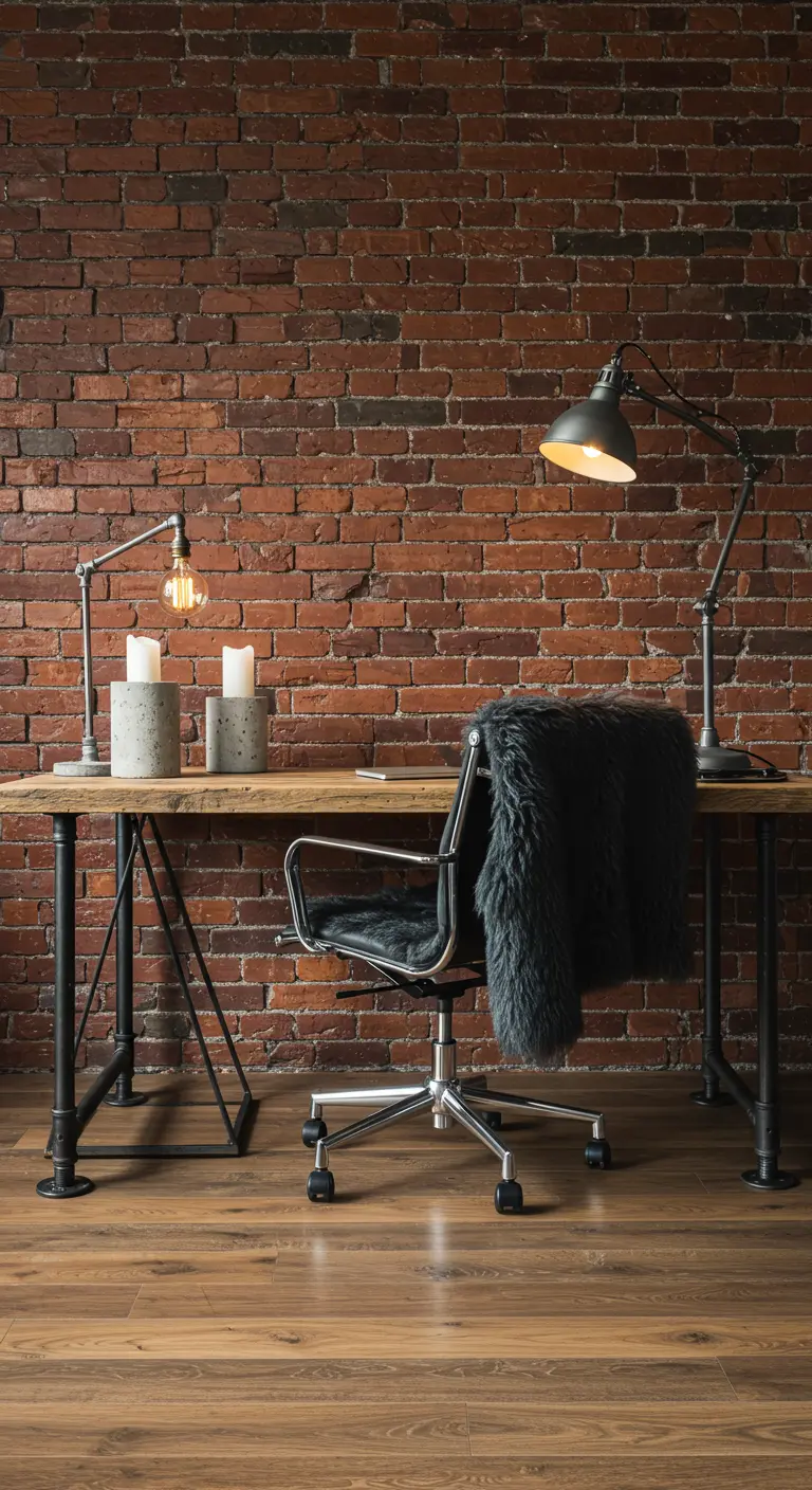Bureau industriel avec plateau en bois brut et pieds en métal, devant un mur de briques.