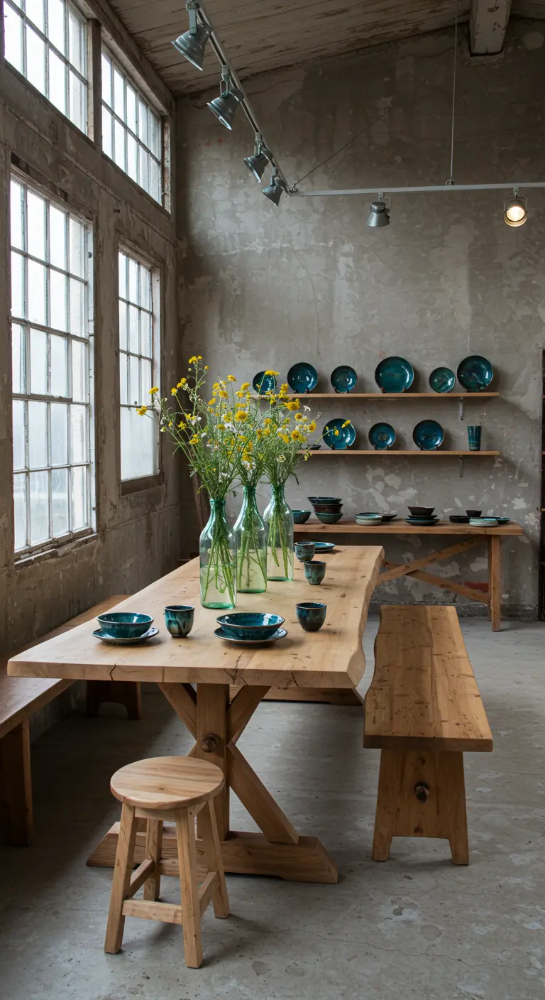 Grande table en bois dans un loft industriel avec vaisselle turquoise et vases de fleurs.