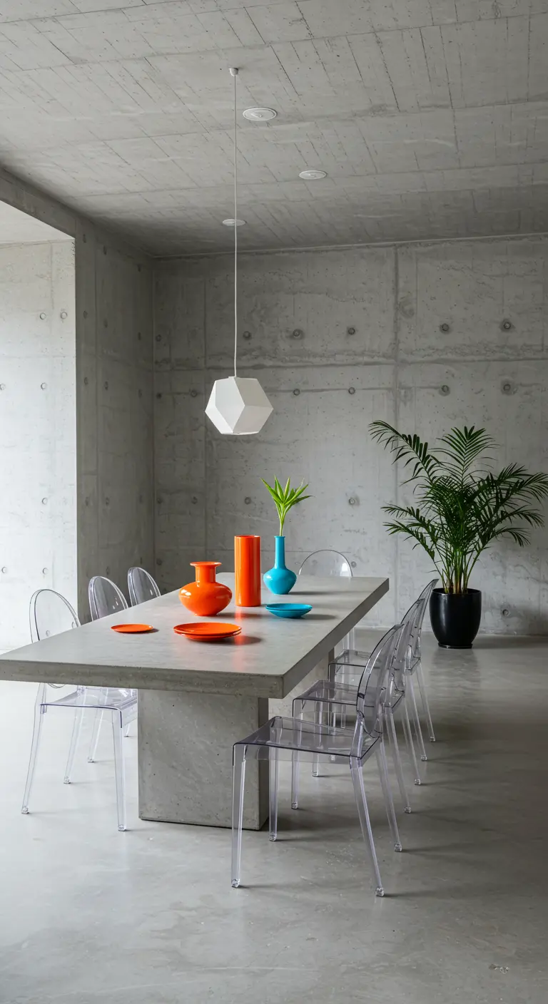 Salle à manger industrielle minimale avec table en béton et vases aux couleurs primaires.
