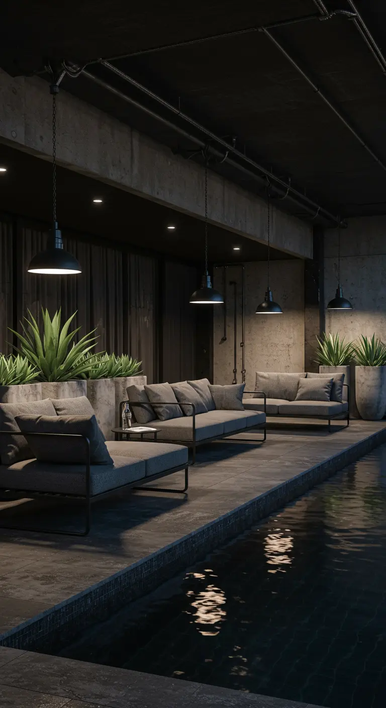 Lounge industriel chic avec piscine sombre, mobilier en métal et plantes architecturales.