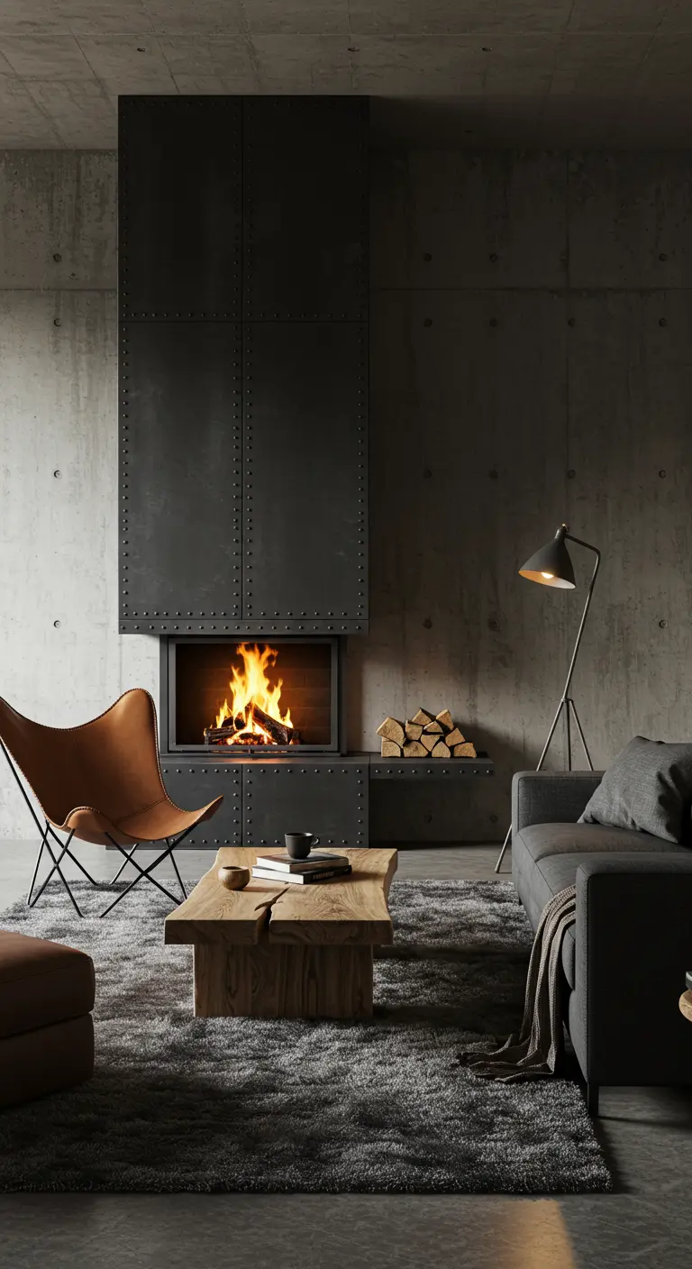 Salon industriel brutaliste avec cheminée en acier noir et murs en béton brut.