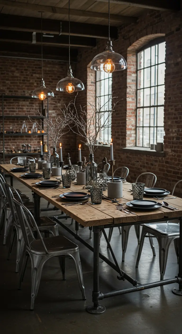 Longue table industrielle avec des chaises métalliques, décorée de branches sombres et de bougies.