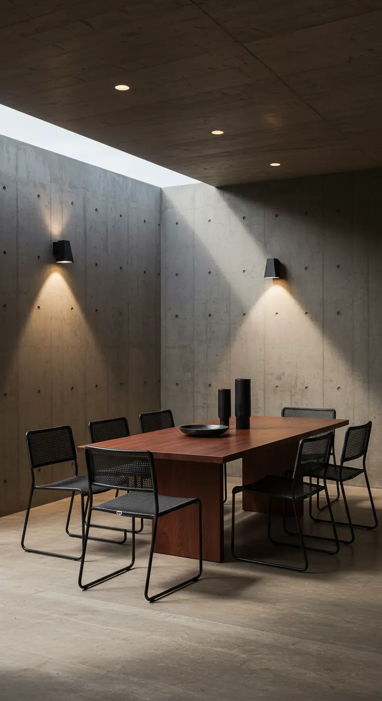 Table à manger en bois foncé dans un espace en béton brut avec des chaises noires modernes.