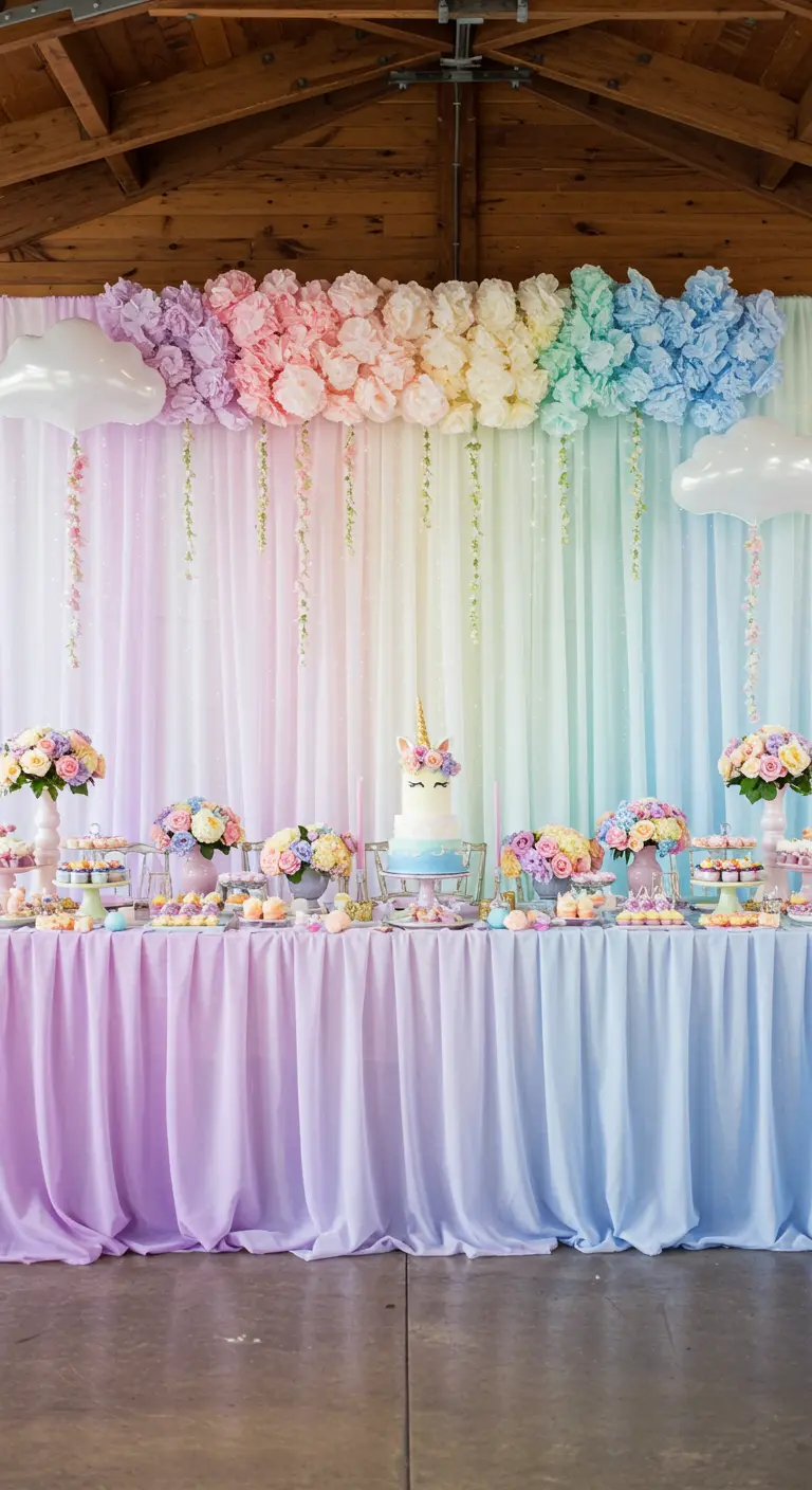 Table de desserts avec fond en tissus arc-en-ciel, guirlande florale et ballons nuages.