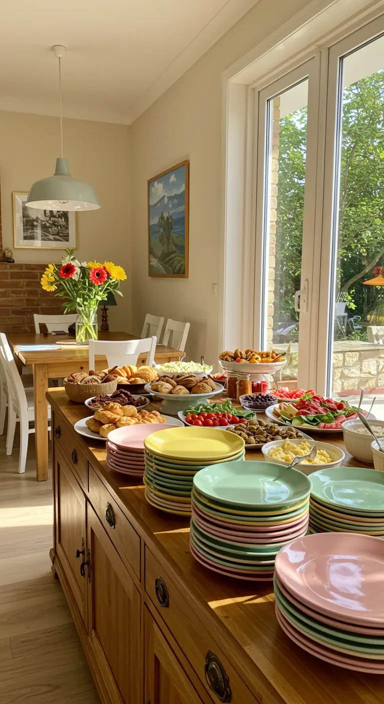 Buffet de brunch avec des piles d'assiettes en céramique de couleur pastel.