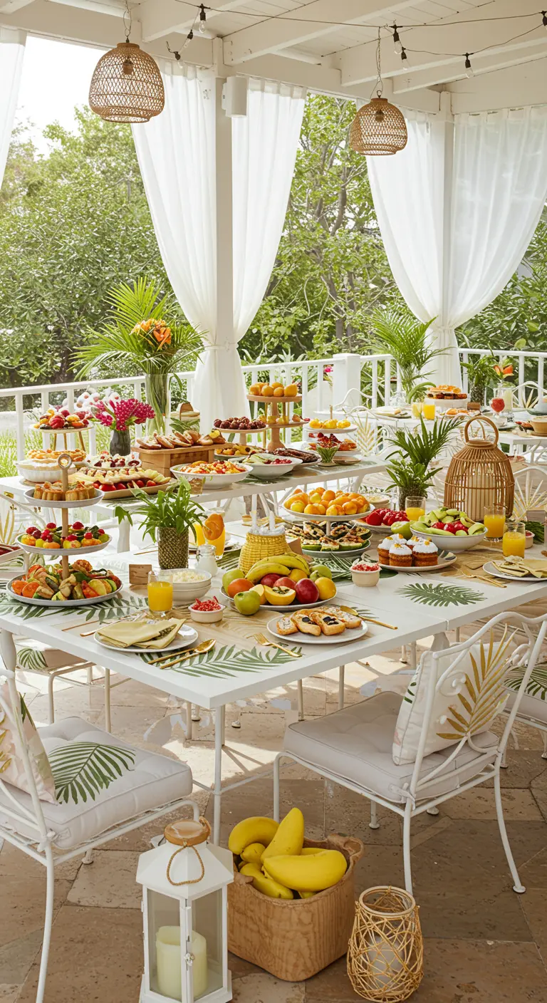 Grand buffet extérieur avec tables blanches, plateaux de fruits colorés et coussins à motifs de feuilles de palmier.