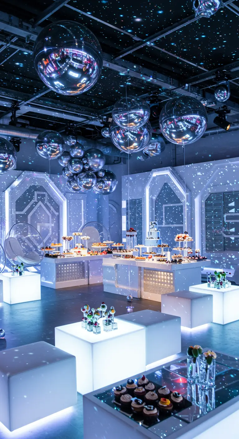 Buffet de desserts avec présentoirs lumineux et boules disco suspendues, dans un décor blanc et bleu lumineux.