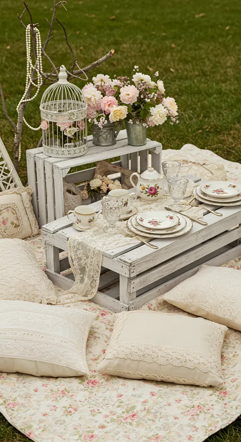 Décoration de pique-nique shabby chic avec des caisses en bois blanches et des fleurs.