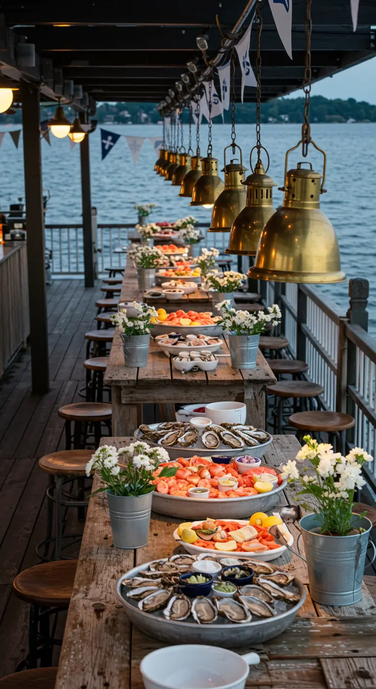 Buffet de fruits de mer sur un ponton éclairé par des suspensions industrielles, avec seaux de marguerites.