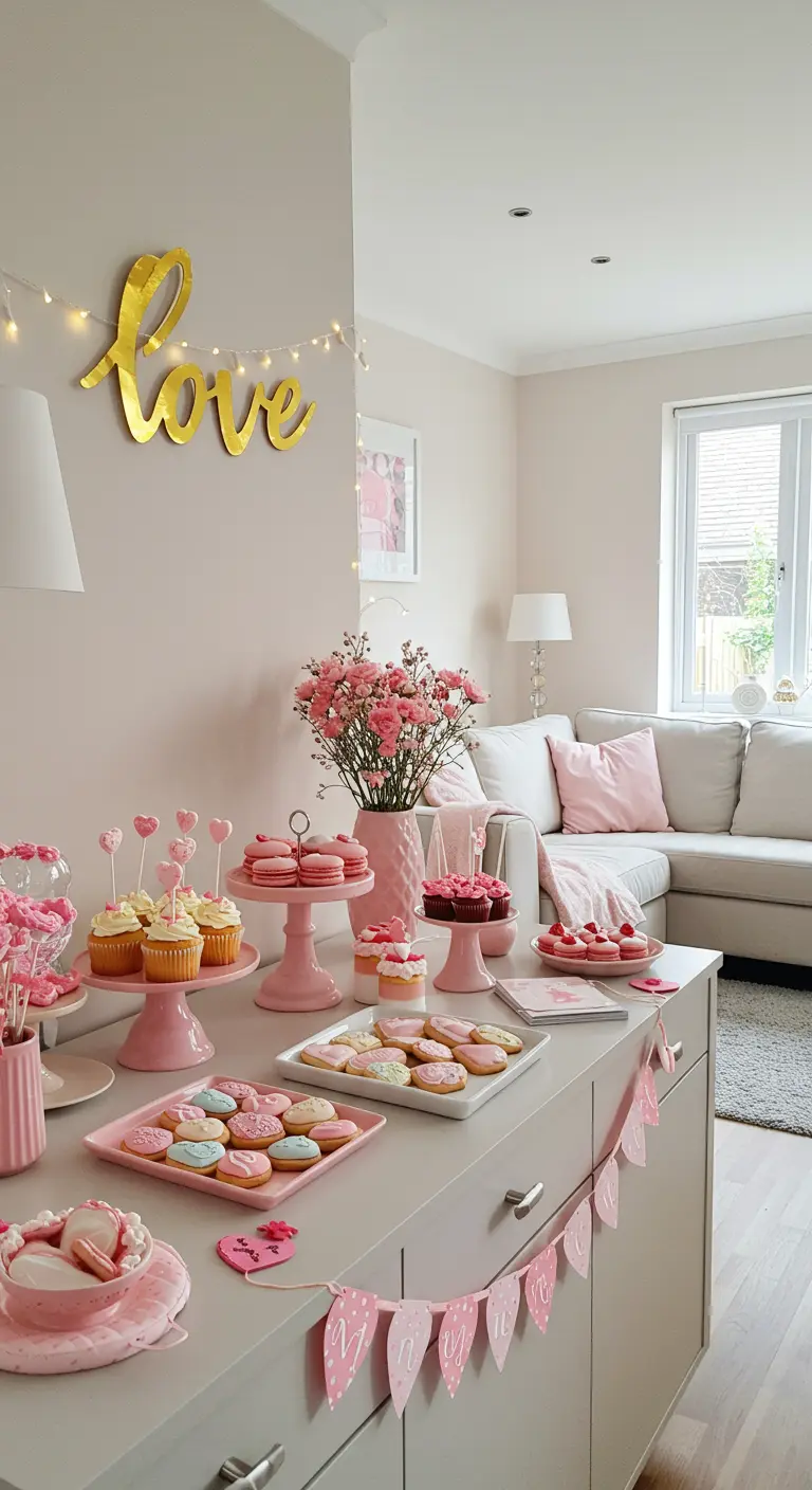 Buffet de douceurs pastel avec gâteaux, biscuits, bonbons, et un panneau mural