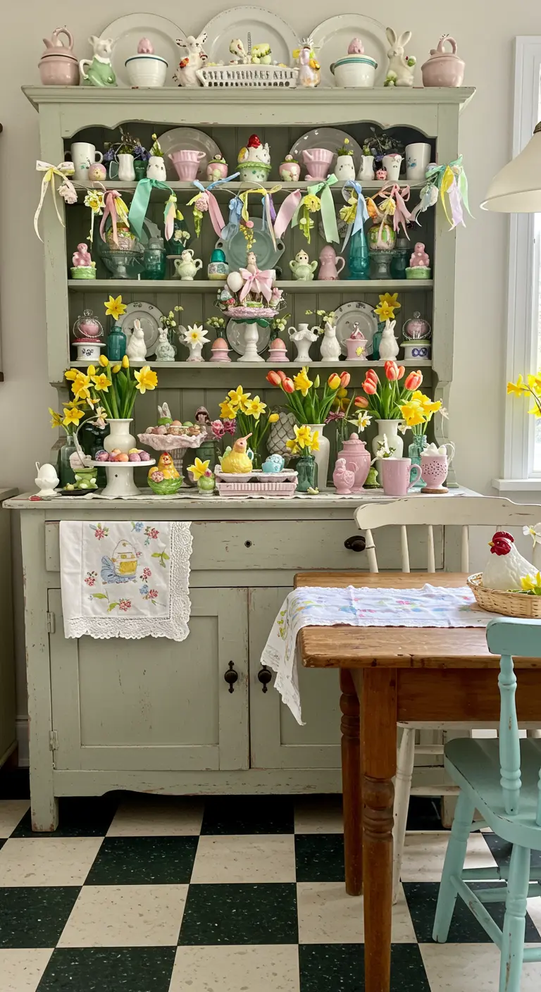 Vaisselier vert pastel décoré pour Pâques avec fleurs, vaisselle et figurines.