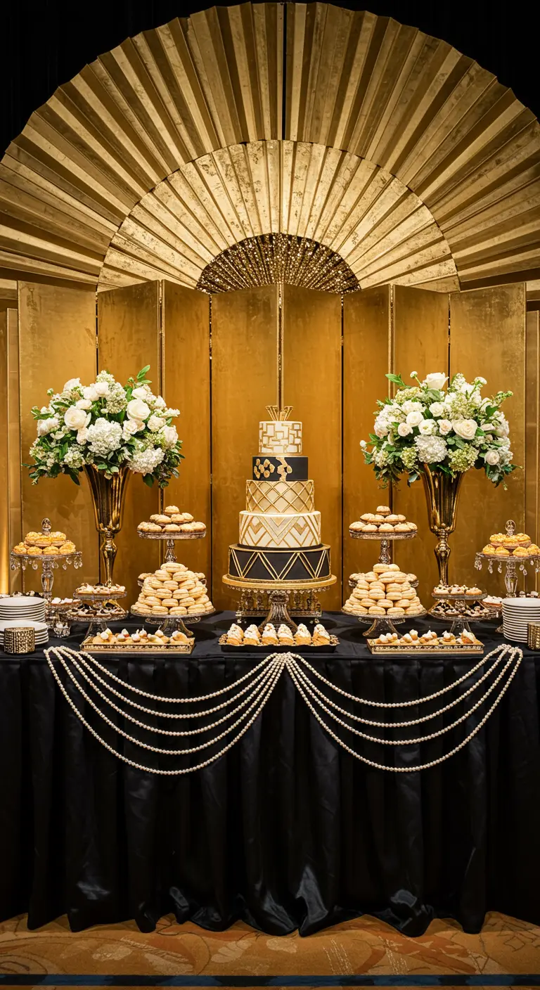 Un buffet de desserts noir et or avec des colliers de perles drapés et un gâteau Art Déco.