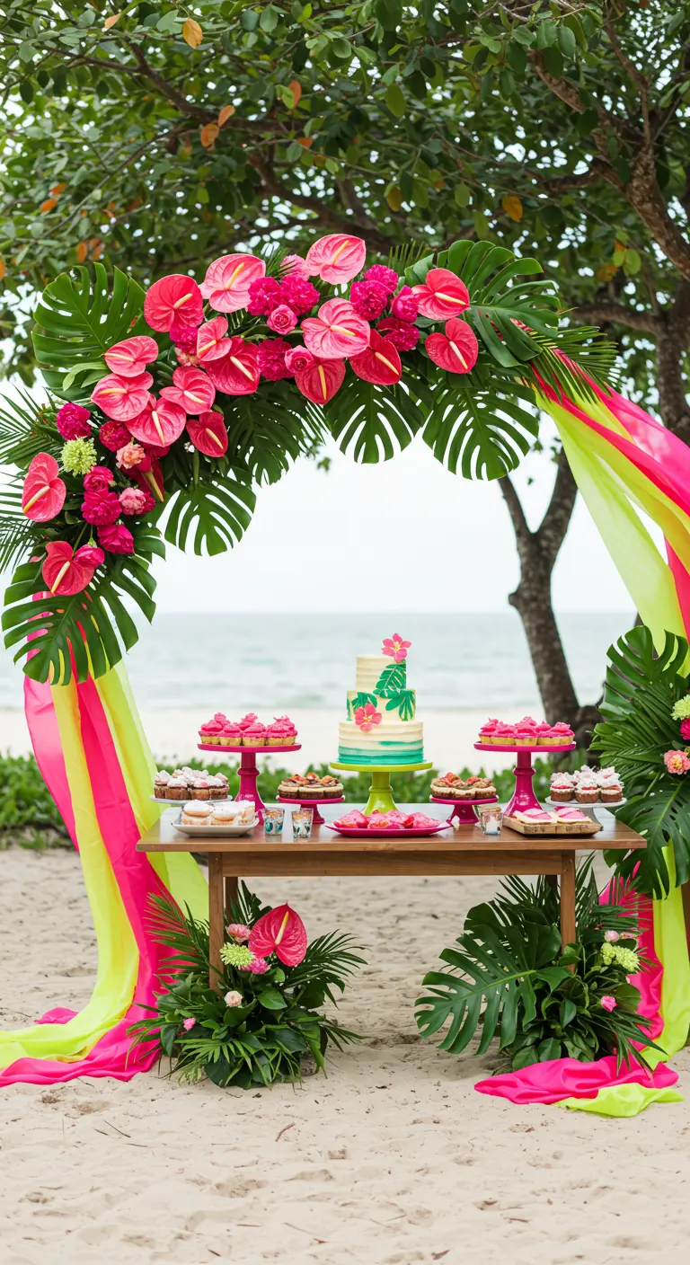 Arche florale rose vif, anthuriums, monstera, drapés fluo, table de desserts, plage.