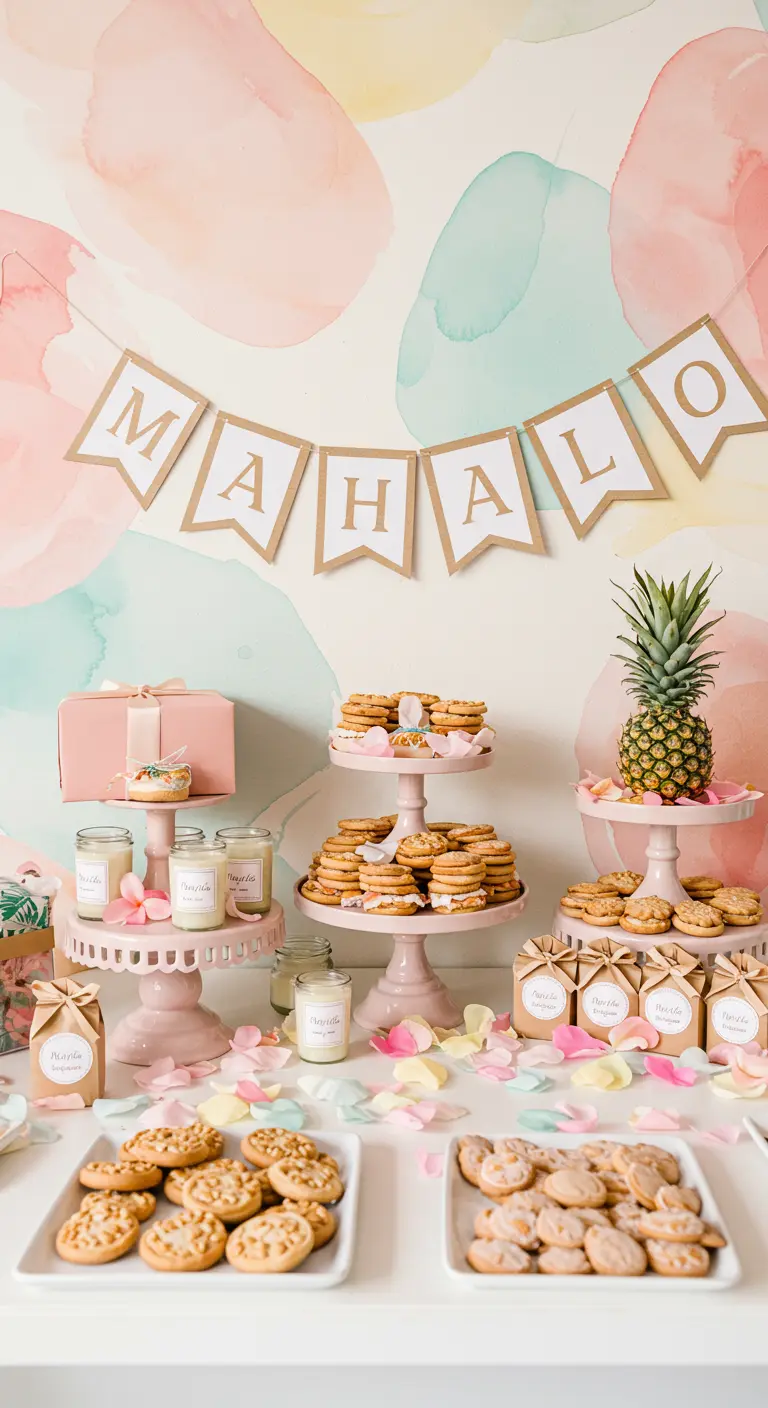 Buffet de biscuits et de cadeaux sur des présentoirs roses avec une banderole Mahalo.