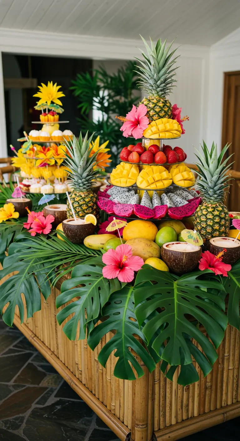 Buffet tropical luxuriant avec ananas, noix de coco et fleurs exotiques.