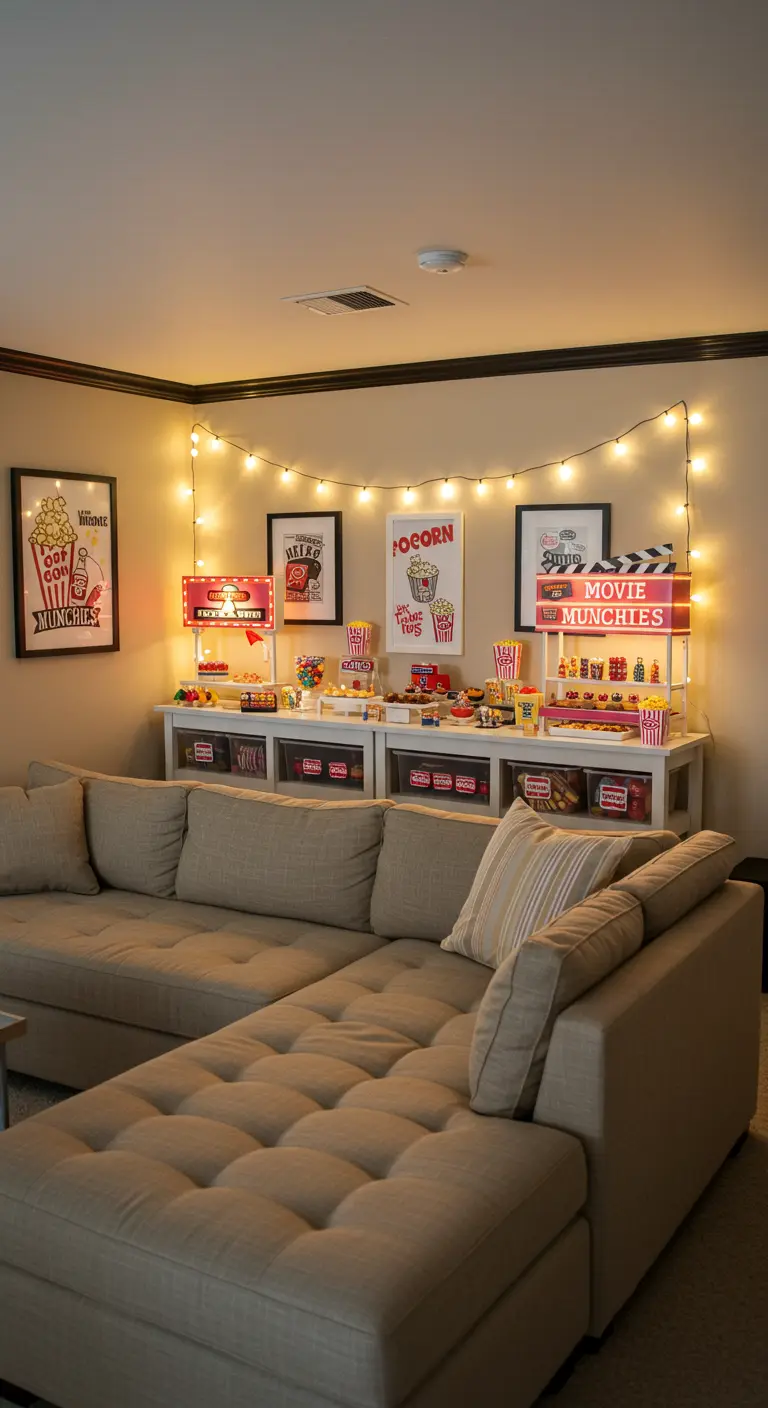 Bar à pop-corn et bonbons avec affiches de films et guirlandes lumineuses en arrière-plan.