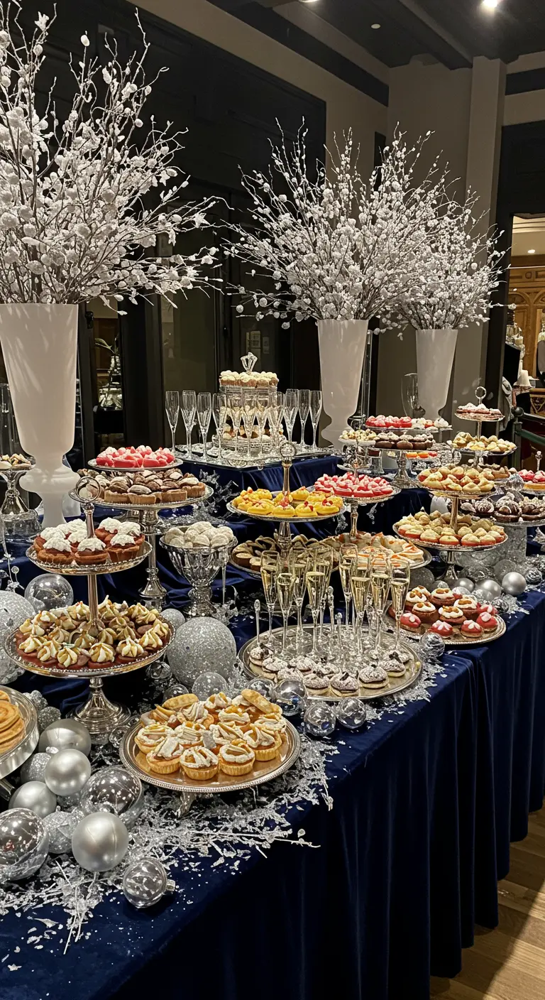 Buffet de desserts sur nappe bleue avec argenterie et boules de Noël.
