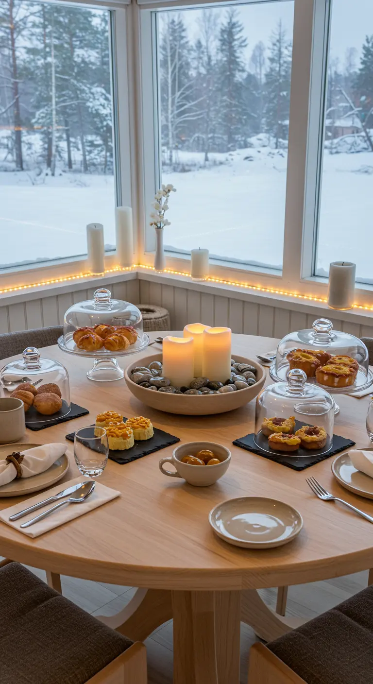 Table de brunch hivernale avec pâtisseries sous cloches en verre et bougies centrales.