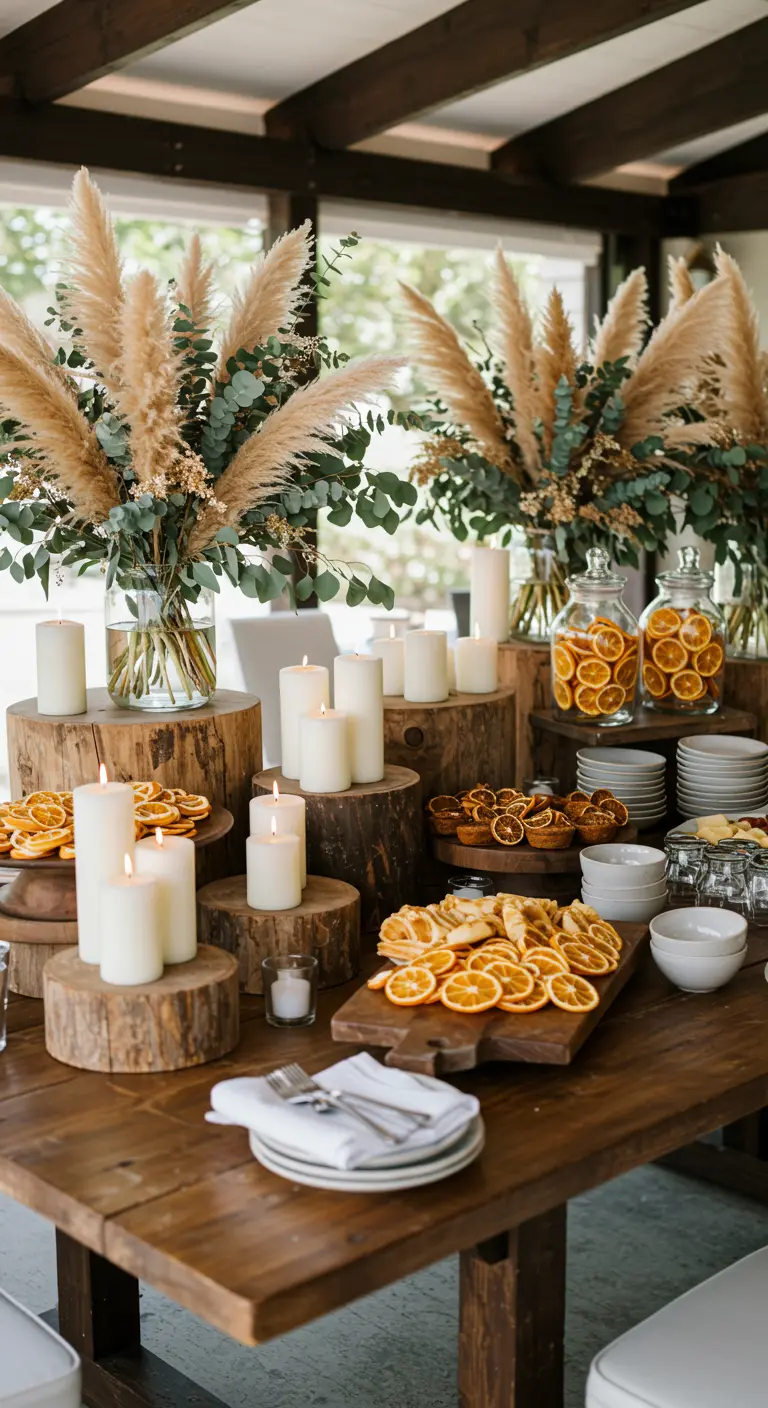 Buffet en bois avec rondins, bougies, herbes de pampa, eucalyptus et tranches d'orange séchées.