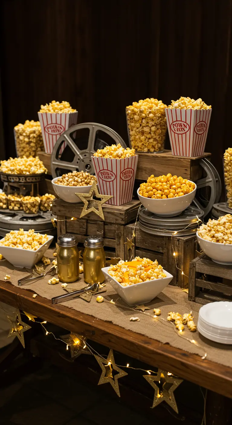 Buffet rustique avec caisses en bois, toile de jute, pop-corn et guirlandes lumineuses.