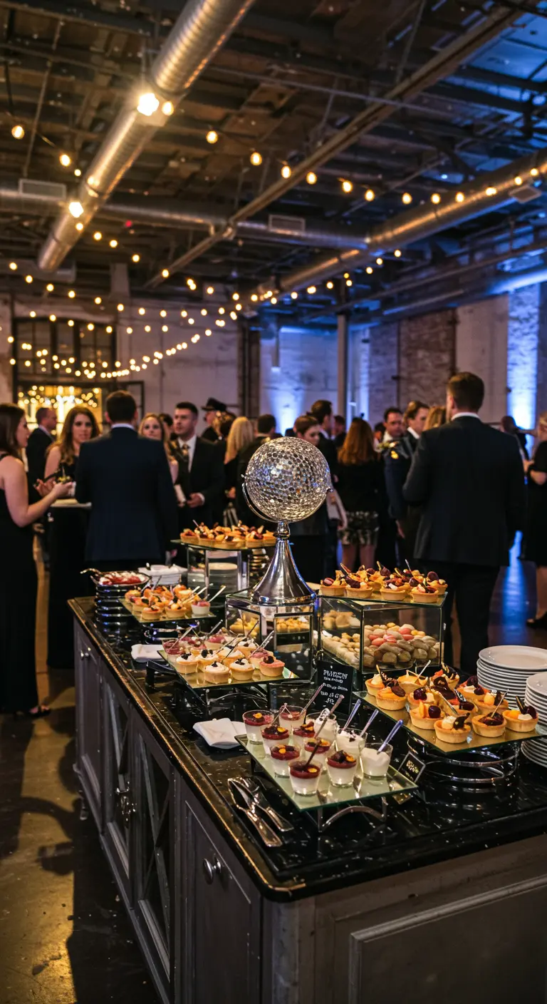 Grand buffet de desserts individuels sur présentoirs à plusieurs niveaux, avec une boule disco centrale.