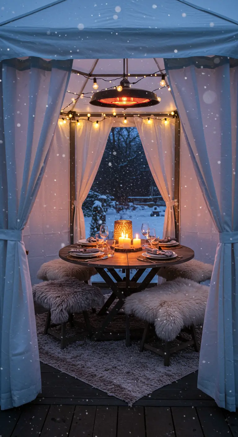 Dîner d'hiver sous une pergola illuminée, avec de la neige qui tombe