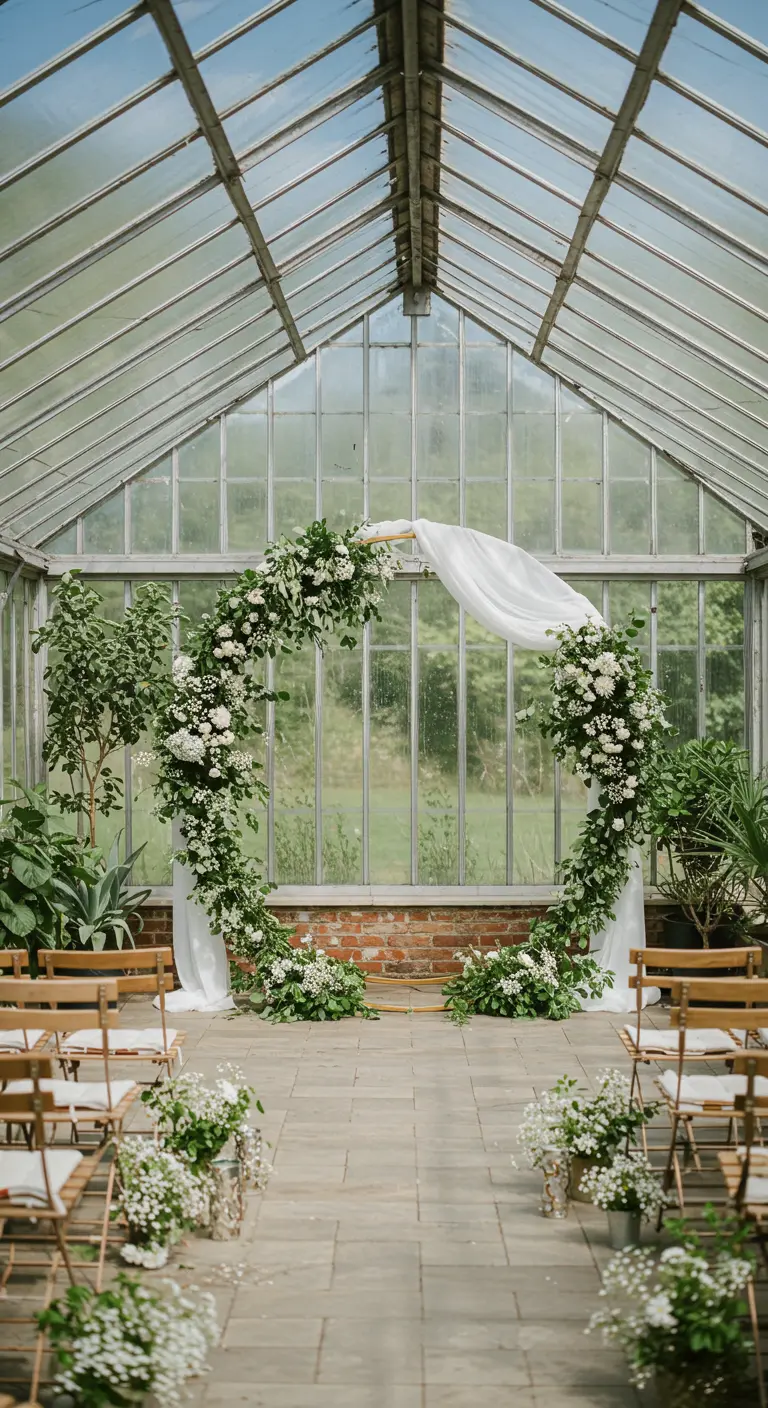 Arche de mariage ronde blanche dans une serre lumineuse.