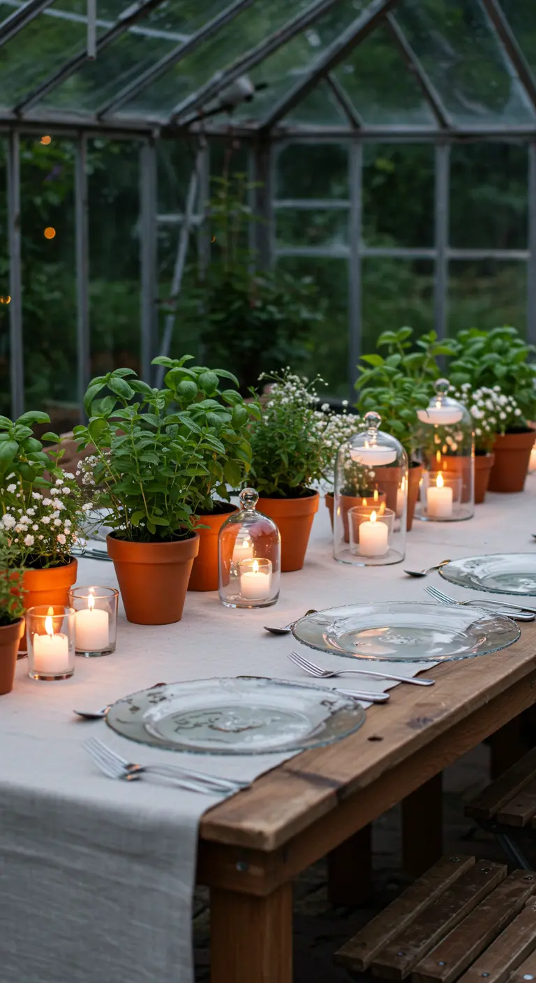 Table rustique dans serre, pots d'herbes, bougies sous cloches en verre.