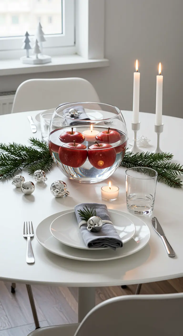 Bol en verre avec des pommes et des bougies flottantes, branches de sapin et décorations argentées sur une table blanche.