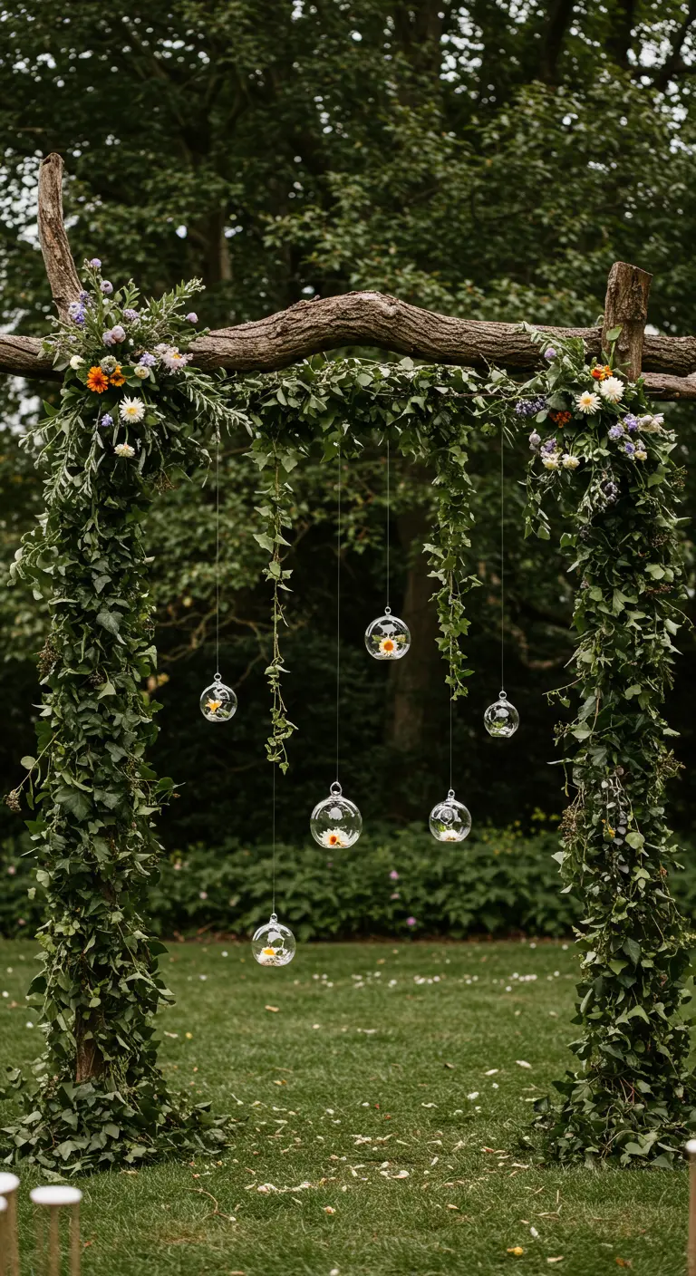 Arche rustique en bois recouverte de lierre avec des boules de verre contenant des fleurs.