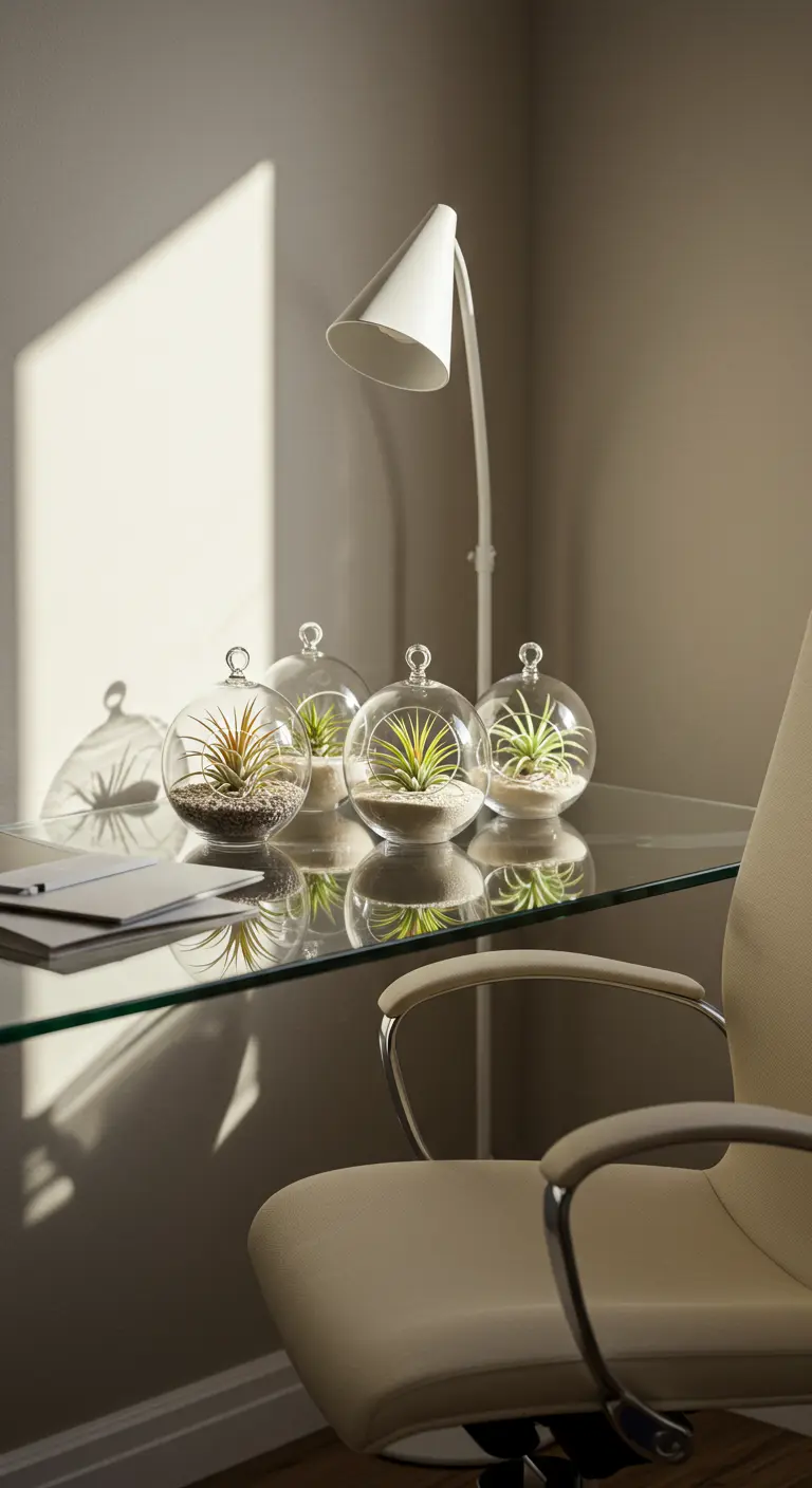 Quatre bulles de verre avec des Tillandsias et du sable sur un bureau en verre avec une lampe.