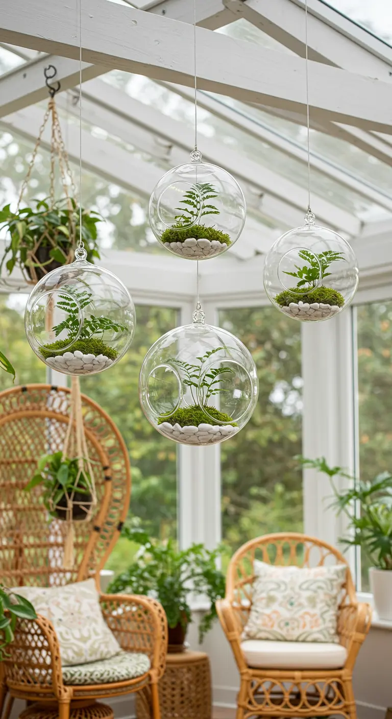 Plusieurs terrariums sphériques en verre suspendus, contenant fougères, mousse et gravier blanc, dans une véranda.