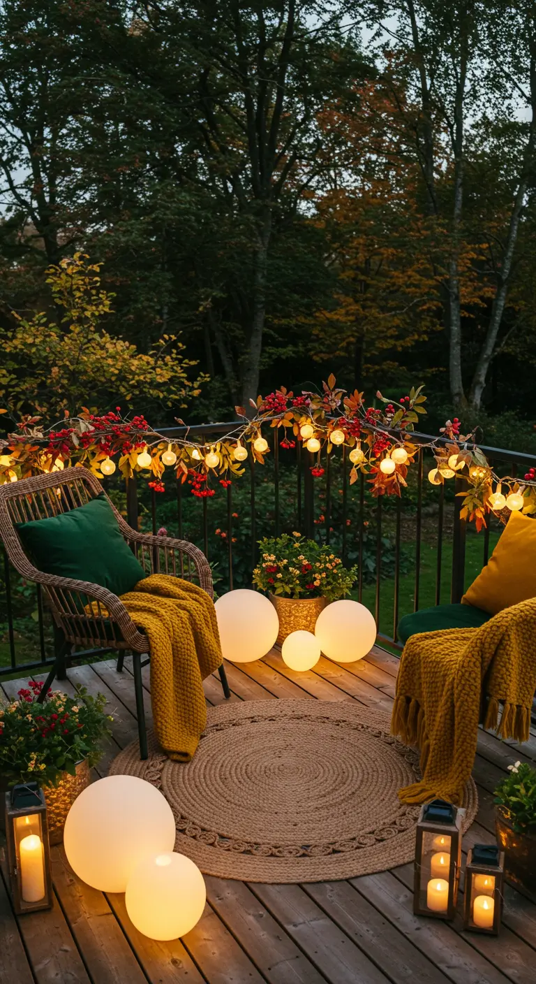 Balcon avec chaises en rotin, plaids jaunes, guirlande lumineuse de feuilles, sphères lumineuses au sol et lanternes.