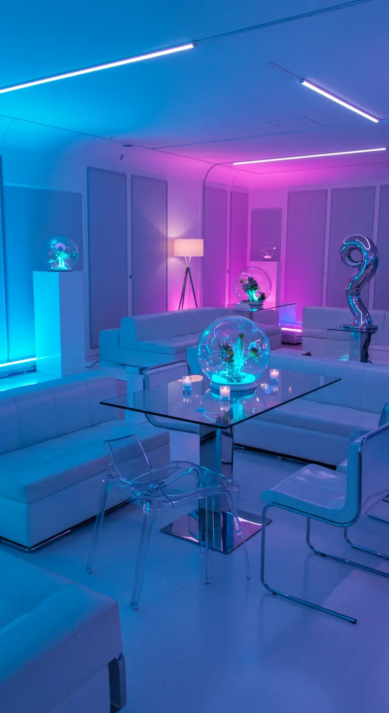 Centre de table avec bulles lumineuses et terrariums éclairés sur table en verre, dans un salon futuriste.