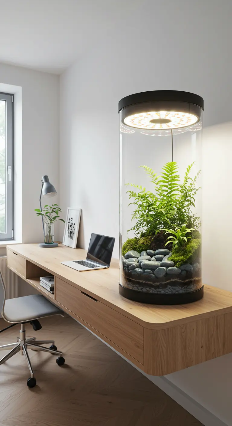 Grand terrarium cylindrique éclairé avec fougères, mousse et rochers sur un bureau en bois clair.