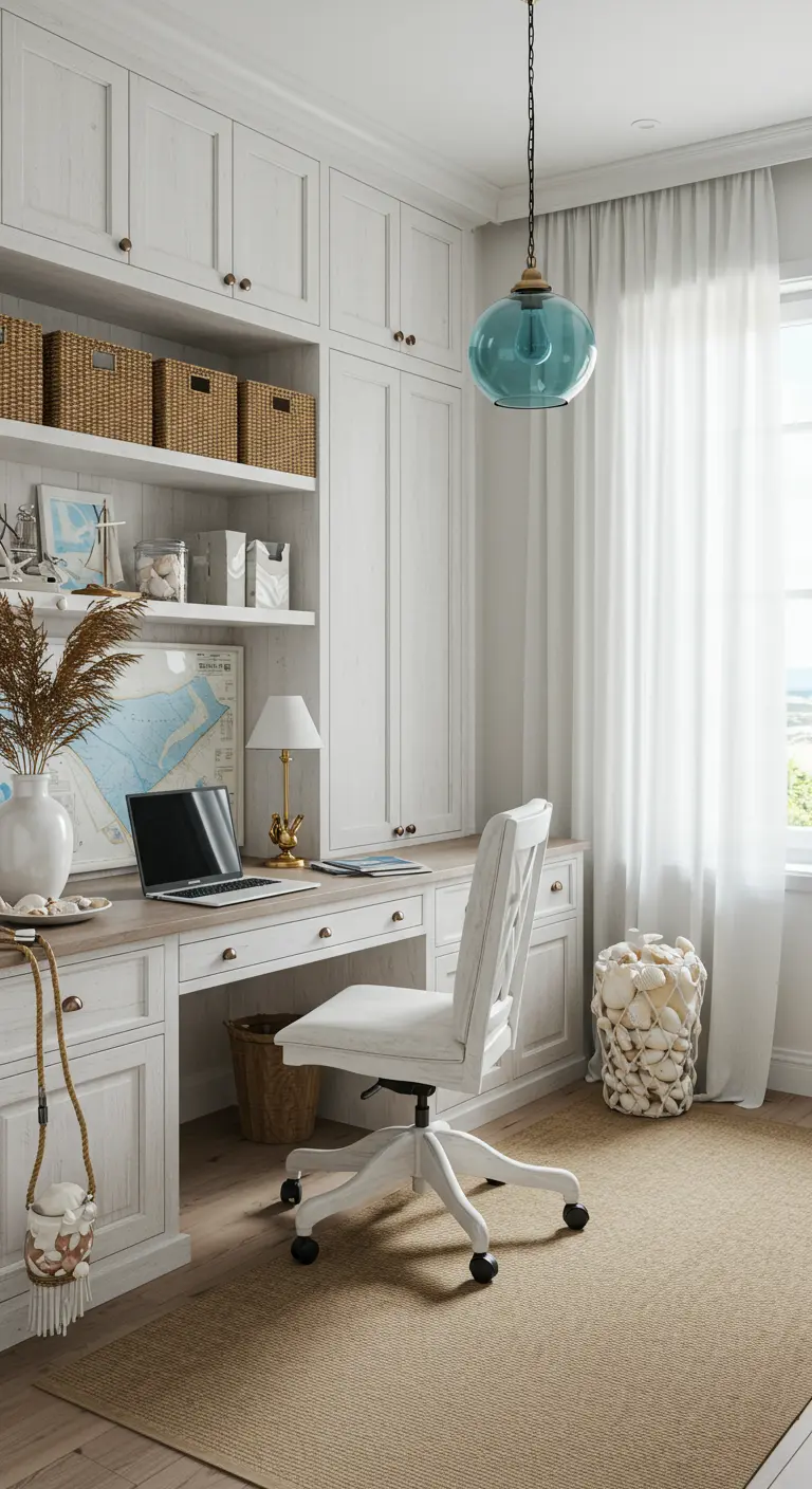 Bureau coastal chic blanc avec meubles intégrés, paniers tressés et décorations marines.