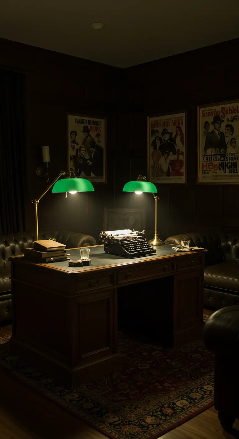 Bureau sombre de style années 40 avec des lampes de banquier vertes et une machine à écrire.
